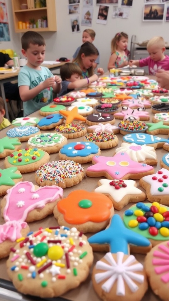 A table filled with colorful decorated cookies, icing, and sprinkles, with children happily decorating in the background.